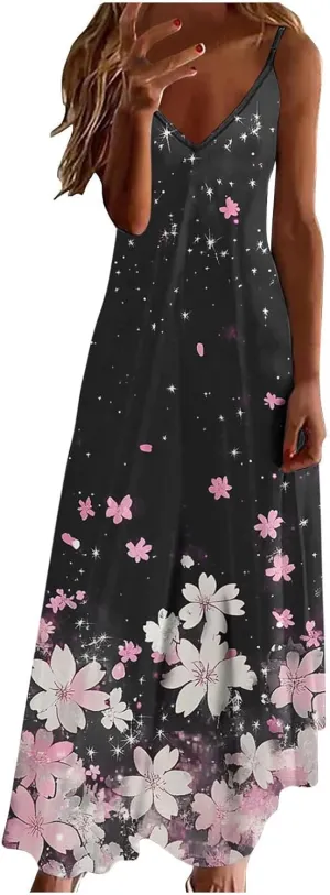 Summer Dresses for Women Casual Beach Vacation Floral Dress Spaghetti Strap Flowers Printed Maxi Dresses Sundress