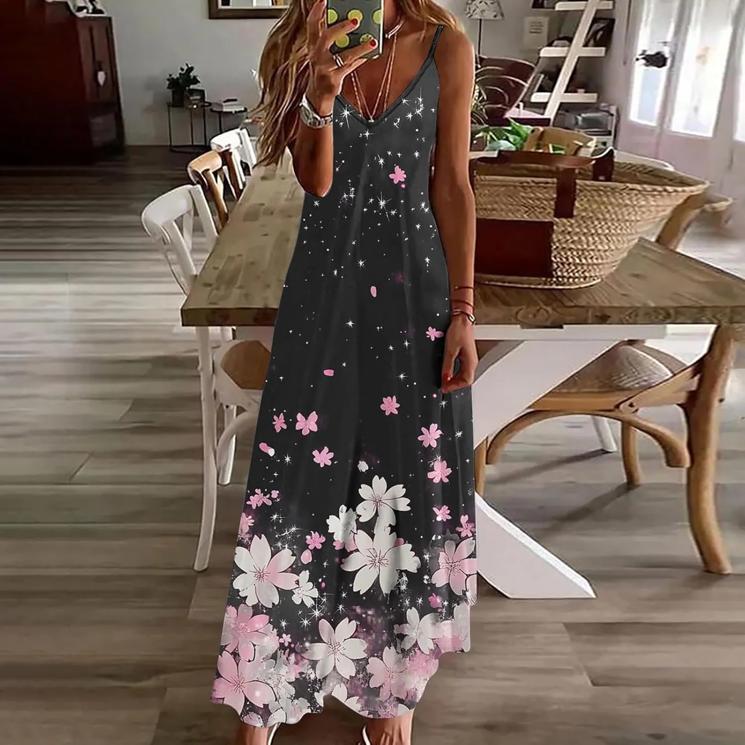Summer Dresses for Women Casual Beach Vacation Floral Dress Spaghetti Strap Flowers Printed Maxi Dresses Sundress