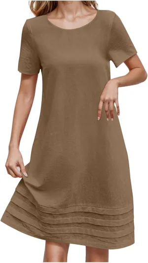 Summer Dresses for Women Short Sleeve Scoop Neck Cotton Linen Tunic Tshirt Dress Casual Loose Fit Vacation Sundress