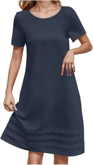 Summer Dresses for Women Short Sleeve Scoop Neck Cotton Linen Tunic Tshirt Dress Casual Loose Fit Vacation Sundress