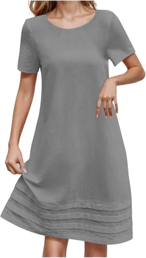 Summer Dresses for Women Short Sleeve Scoop Neck Cotton Linen Tunic Tshirt Dress Casual Loose Fit Vacation Sundress