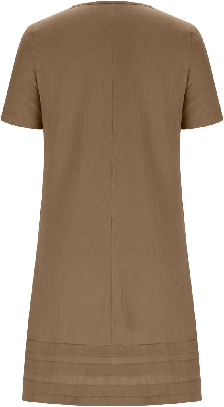 Summer Dresses for Women Short Sleeve Scoop Neck Cotton Linen Tunic Tshirt Dress Casual Loose Fit Vacation Sundress