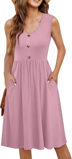 Summer Dresses for Women Sleeveless Solid Tank Casual Loose Fit Button Down A-Line Knee Length Sundress with Pockets