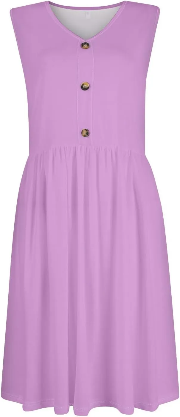 Summer Dresses for Women Sleeveless Solid Tank Casual Loose Fit Button Down A-Line Knee Length Sundress with Pockets
