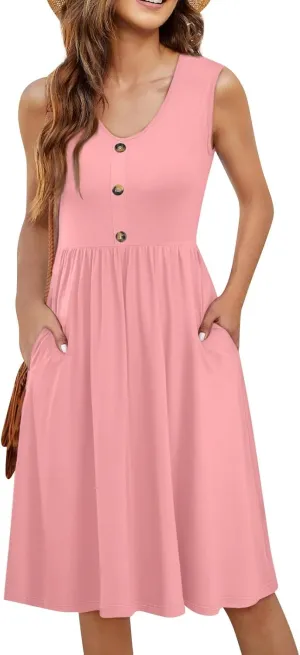 Summer Dresses for Women Sleeveless Solid Tank Casual Loose Fit Button Down A-Line Knee Length Sundress with Pockets