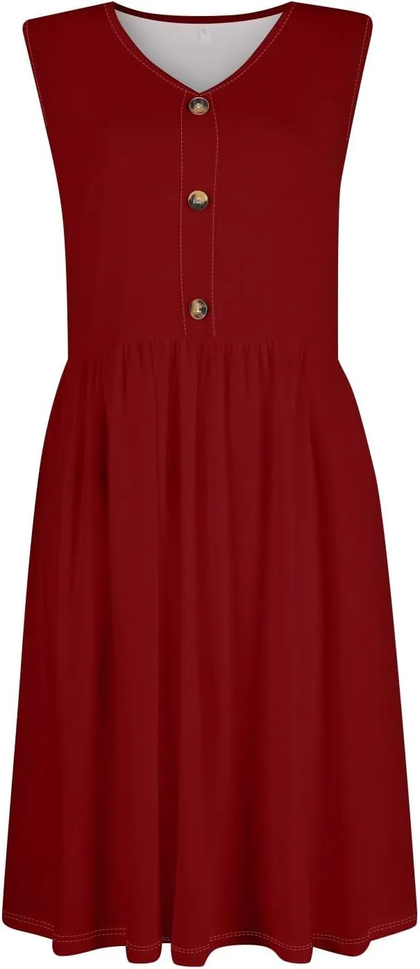 Summer Dresses for Women Sleeveless Solid Tank Casual Loose Fit Button Down A-Line Knee Length Sundress with Pockets