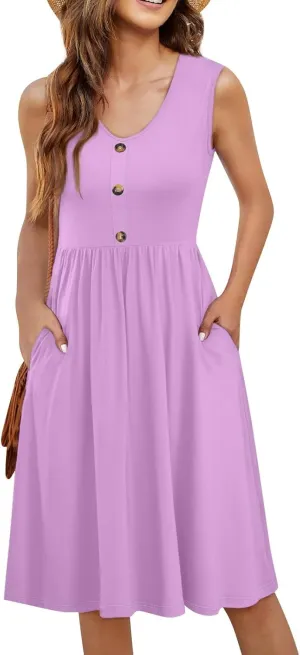 Summer Dresses for Women Sleeveless Solid Tank Casual Loose Fit Button Down A-Line Knee Length Sundress with Pockets