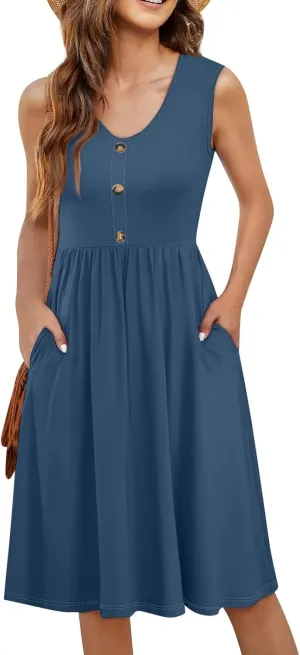 Summer Dresses for Women Sleeveless Solid Tank Casual Loose Fit Button Down A-Line Knee Length Sundress with Pockets