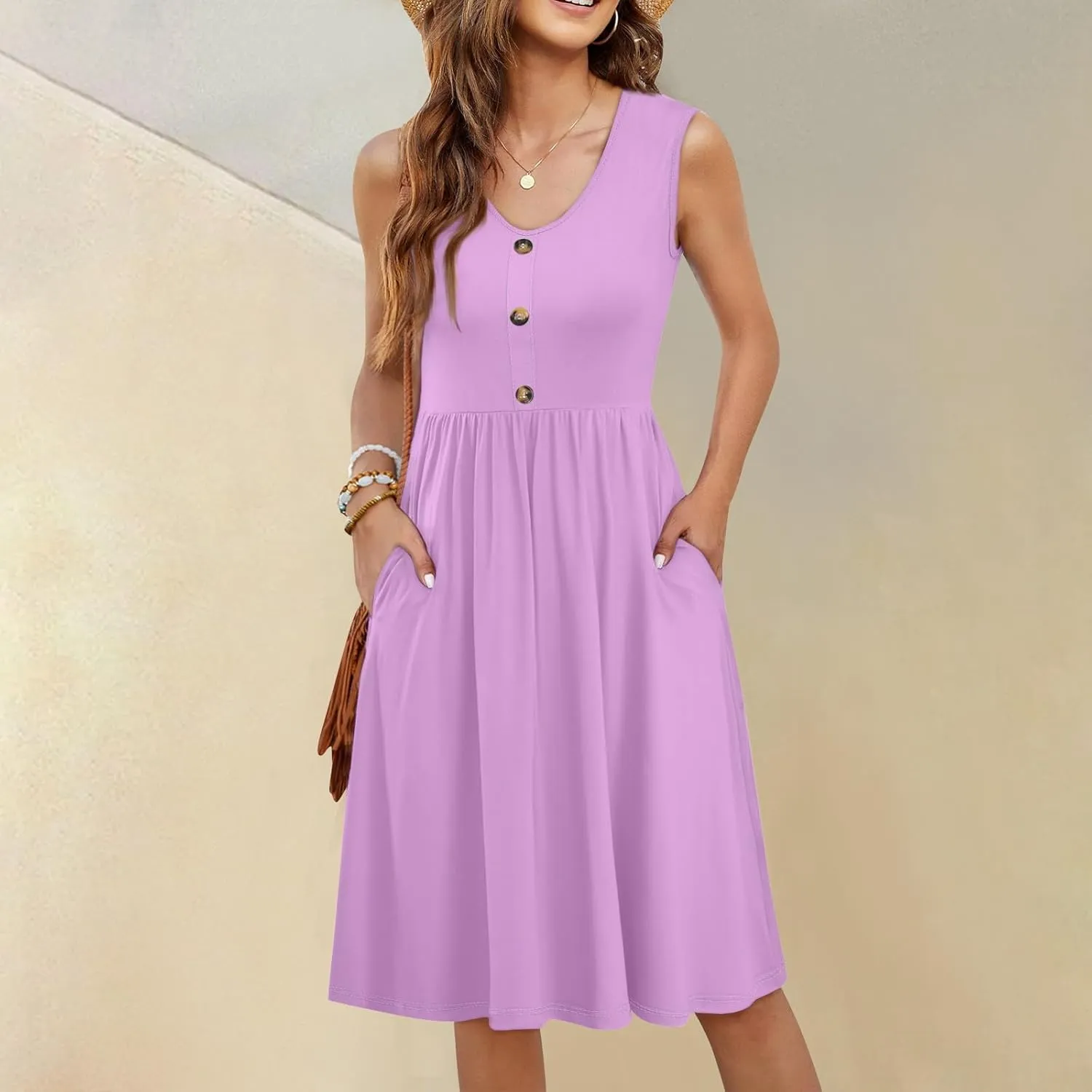 Summer Dresses for Women Sleeveless Solid Tank Casual Loose Fit Button Down A-Line Knee Length Sundress with Pockets