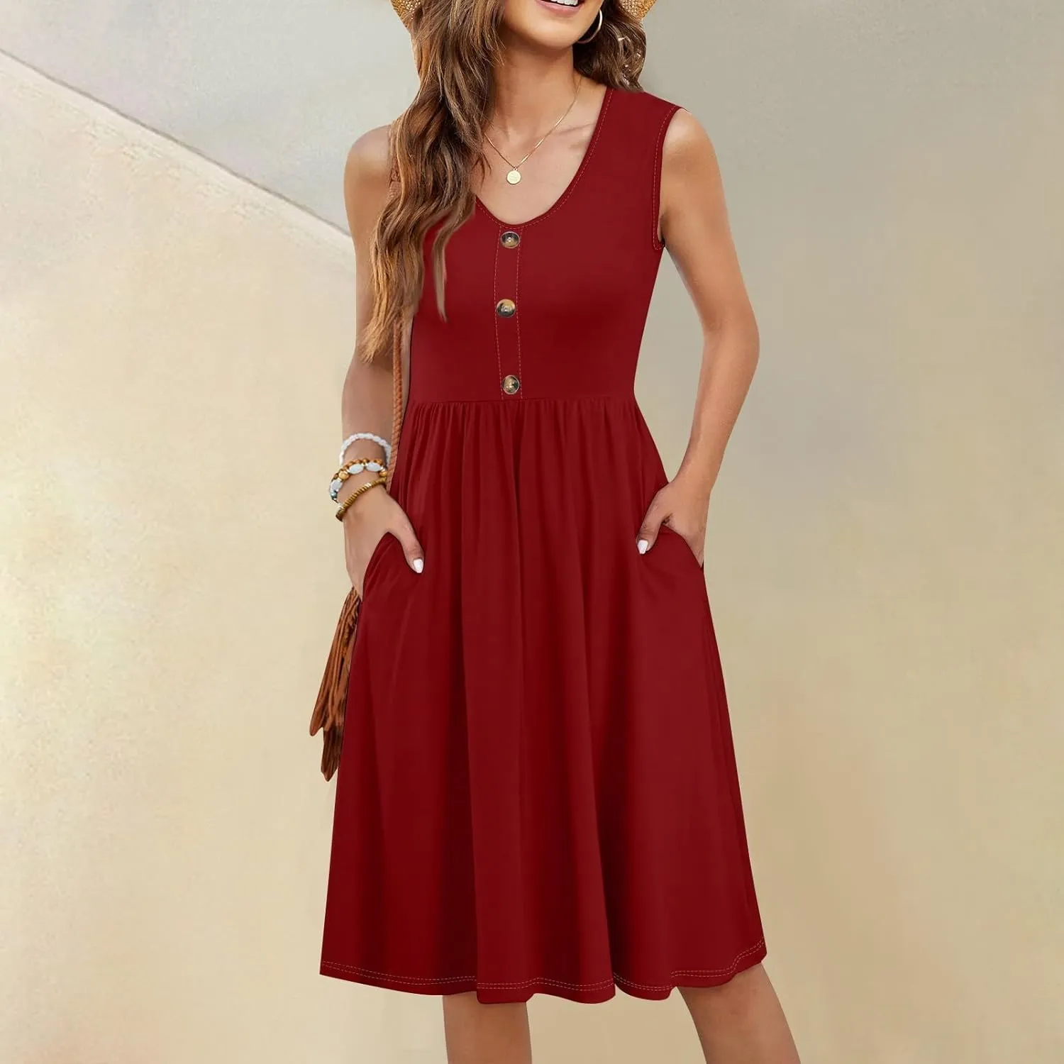 Summer Dresses for Women Sleeveless Solid Tank Casual Loose Fit Button Down A-Line Knee Length Sundress with Pockets