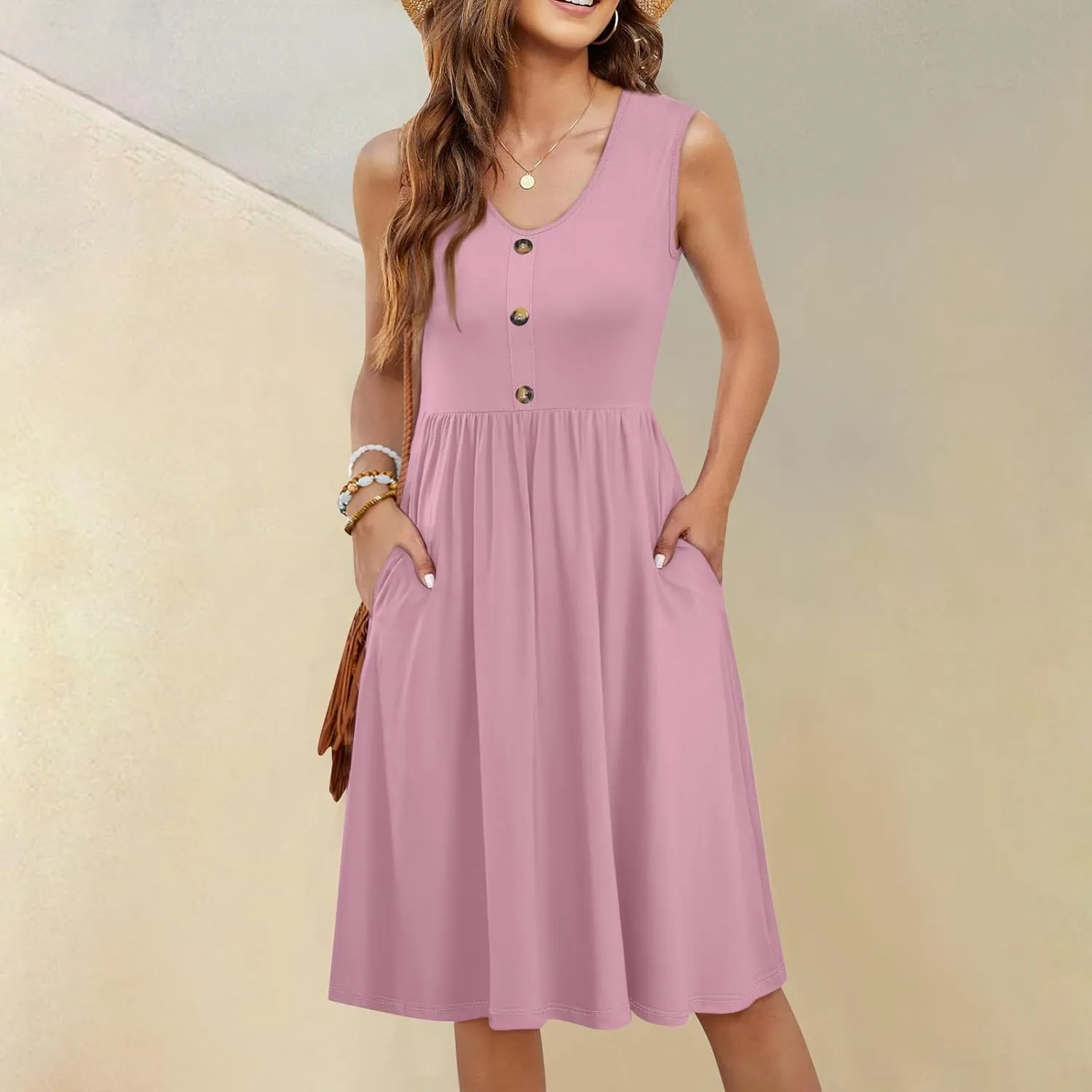 Summer Dresses for Women Sleeveless Solid Tank Casual Loose Fit Button Down A-Line Knee Length Sundress with Pockets