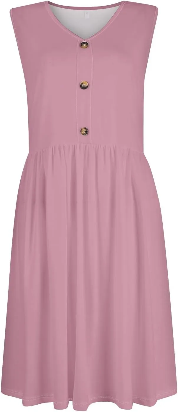 Summer Dresses for Women Sleeveless Solid Tank Casual Loose Fit Button Down A-Line Knee Length Sundress with Pockets
