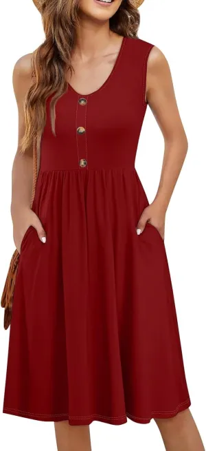 Summer Dresses for Women Sleeveless Solid Tank Casual Loose Fit Button Down A-Line Knee Length Sundress with Pockets
