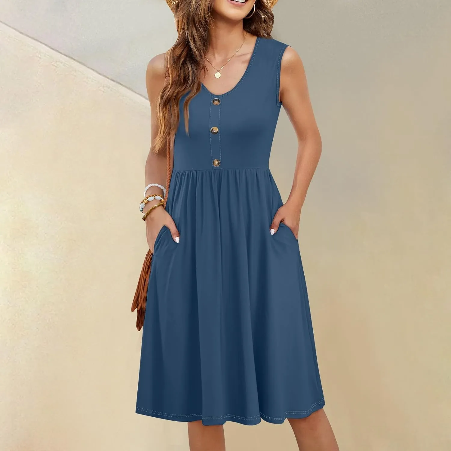 Summer Dresses for Women Sleeveless Solid Tank Casual Loose Fit Button Down A-Line Knee Length Sundress with Pockets