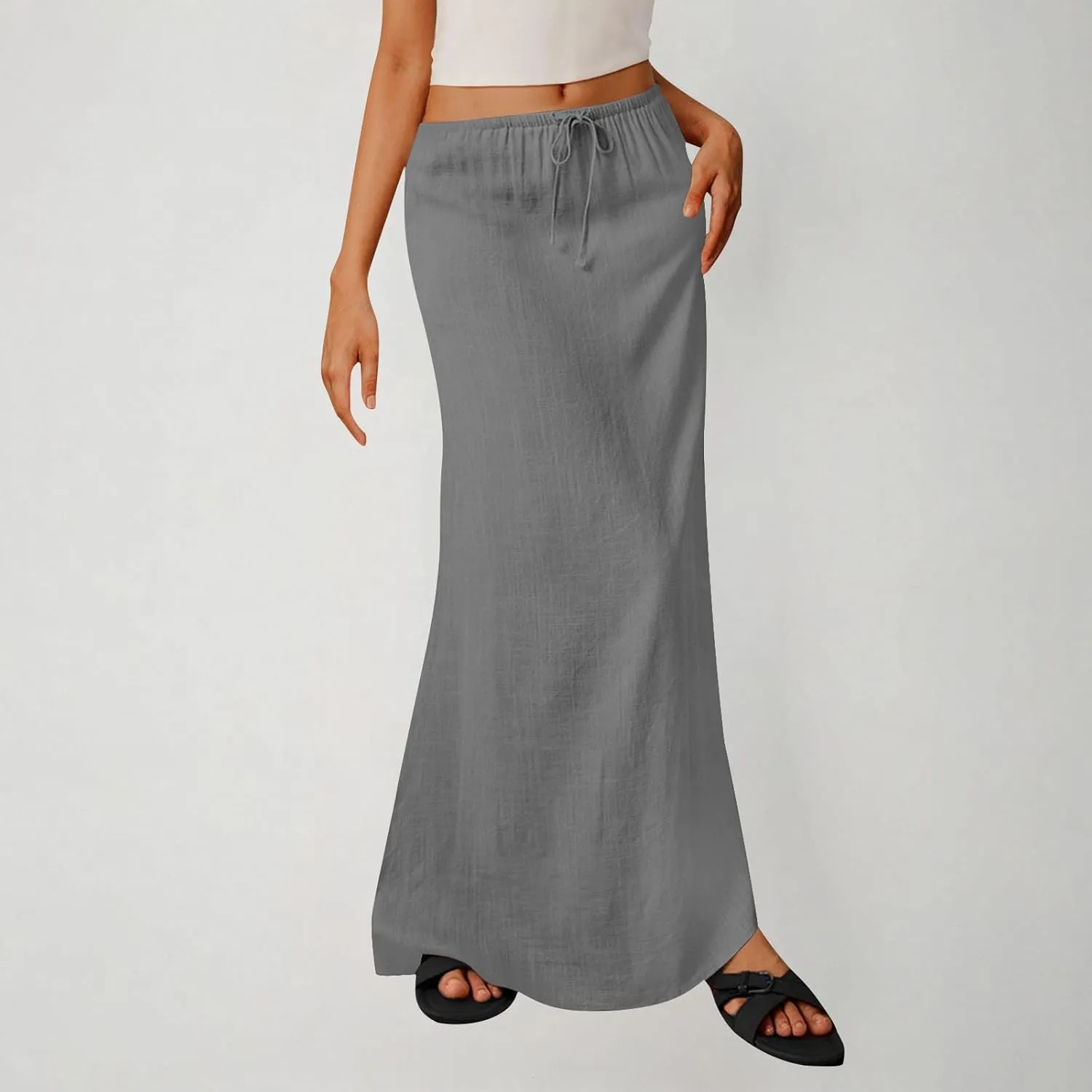 Summer Skirts for Women 2025 Casual Soft Drawstring Maxi Linen Skirt Vacation Travel Beach Long Skirt with Pockets
