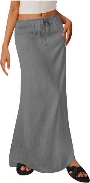 Summer Skirts for Women 2025 Casual Soft Drawstring Maxi Linen Skirt Vacation Travel Beach Long Skirt with Pockets