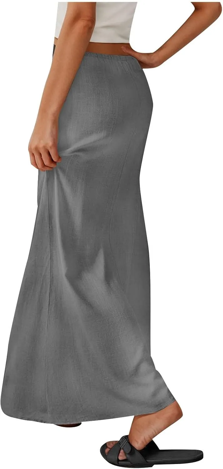 Summer Skirts for Women 2025 Casual Soft Drawstring Maxi Linen Skirt Vacation Travel Beach Long Skirt with Pockets