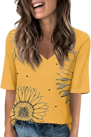 Summer Tops for Women 2024 Elbow Length V-Neck T Shirts Dressy Casual Half Sleeve Fit Basic Tee Tunic Tops Blouse