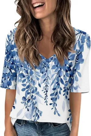 Summer Tops for Women 2024 Elbow Length V-Neck T Shirts Dressy Casual Half Sleeve Fit Basic Tee Tunic Tops Blouse
