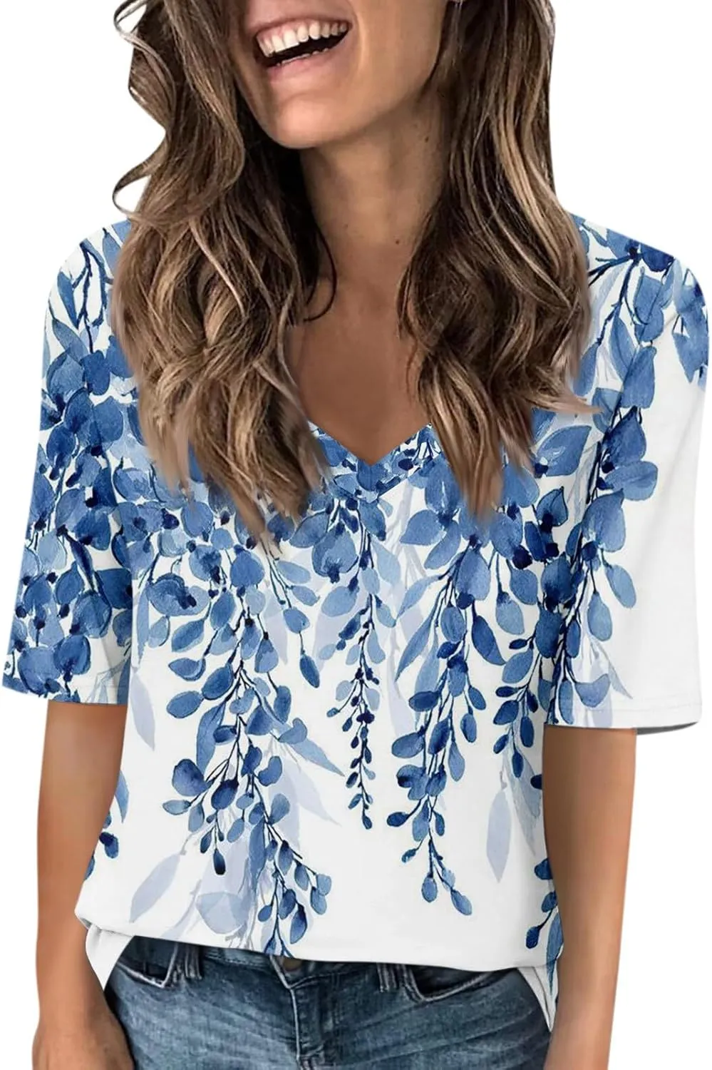 Summer Tops for Women 2024 Elbow Length V-Neck T Shirts Dressy Casual Half Sleeve Fit Basic Tee Tunic Tops Blouse
