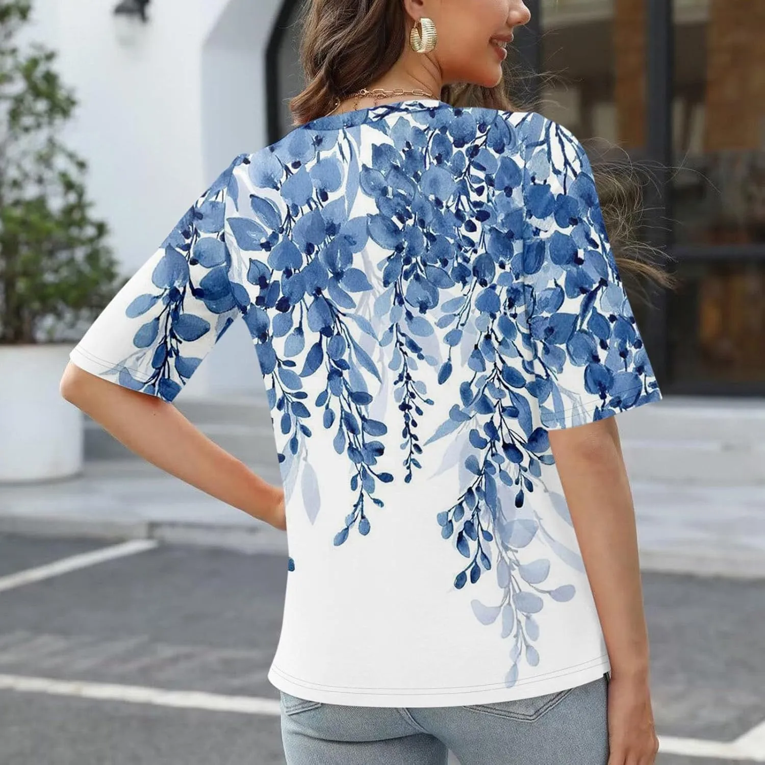 Summer Tops for Women 2024 Elbow Length V-Neck T Shirts Dressy Casual Half Sleeve Fit Basic Tee Tunic Tops Blouse