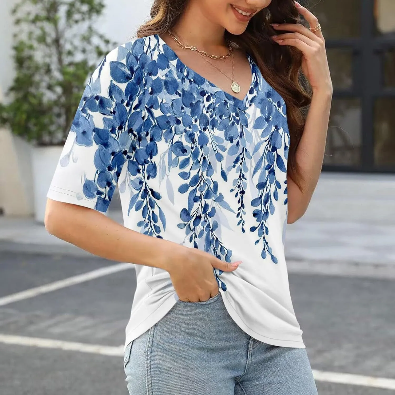 Summer Tops for Women 2024 Elbow Length V-Neck T Shirts Dressy Casual Half Sleeve Fit Basic Tee Tunic Tops Blouse