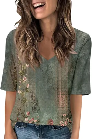 Summer Tops for Women 2024 Elbow Length V-Neck T Shirts Dressy Casual Half Sleeve Fit Basic Tee Tunic Tops Blouse