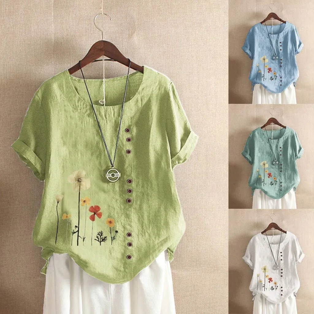 Summer Tops for Women 2024 Linen Shirts 3/4 Length Sleeve Womens Tops Casual Crewneck Blouses Summer Lightweight Tees