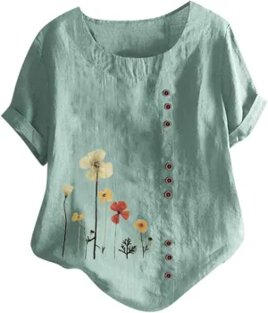 Summer Tops for Women 2024 Linen Shirts 3/4 Length Sleeve Womens Tops Casual Crewneck Blouses Summer Lightweight Tees
