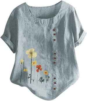 Summer Tops for Women 2024 Linen Shirts 3/4 Length Sleeve Womens Tops Casual Crewneck Blouses Summer Lightweight Tees