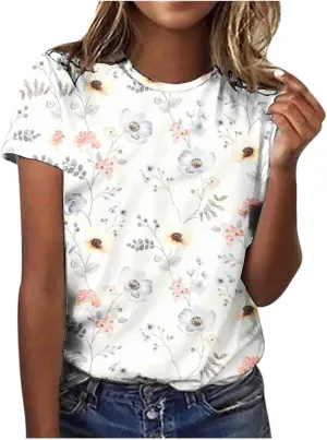 Summer Tops for Women 2025 Casual T-Shirts Shirts Graphic Tee Short Sleeve Top Floral Print Loose Top