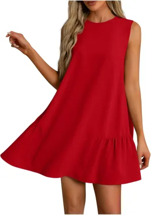 Sun Dresses for Women 2025 Vacation Summer Ruffle Crewneck Sleeveless Tank Mini Dress Shift Date Outfits
