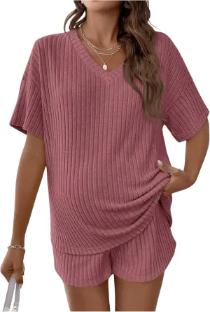 SweatyRocks Women's Maternity 2 Piece Outfits V Neck Short Sleeve Top and Elastic Waist Shorts Set