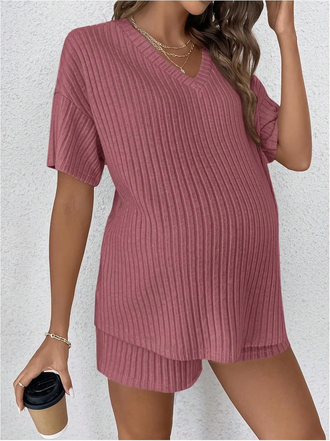 SweatyRocks Women's Maternity 2 Piece Outfits V Neck Short Sleeve Top and Elastic Waist Shorts Set