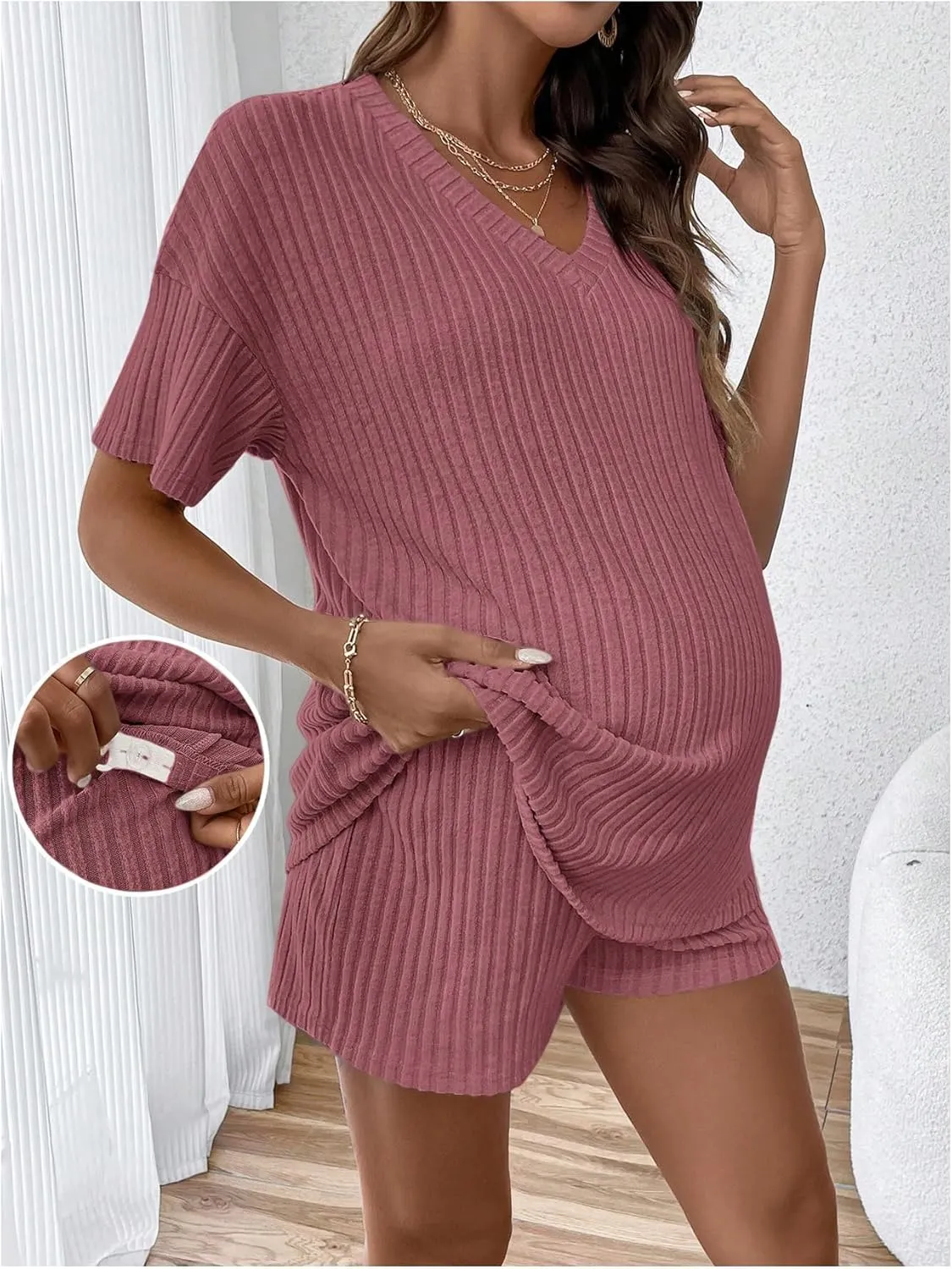 SweatyRocks Women's Maternity 2 Piece Outfits V Neck Short Sleeve Top and Elastic Waist Shorts Set