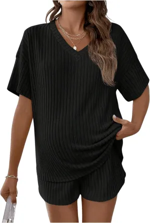 SweatyRocks Women's Maternity 2 Piece Outfits V Neck Short Sleeve Top and Elastic Waist Shorts Set