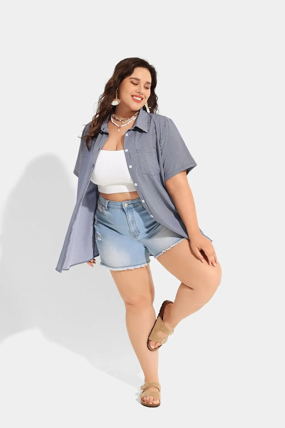 TIYOMI Plus Size Short Sleeve Button Down Shirts for Women Summer Tops Casual Blouses XL-5XL