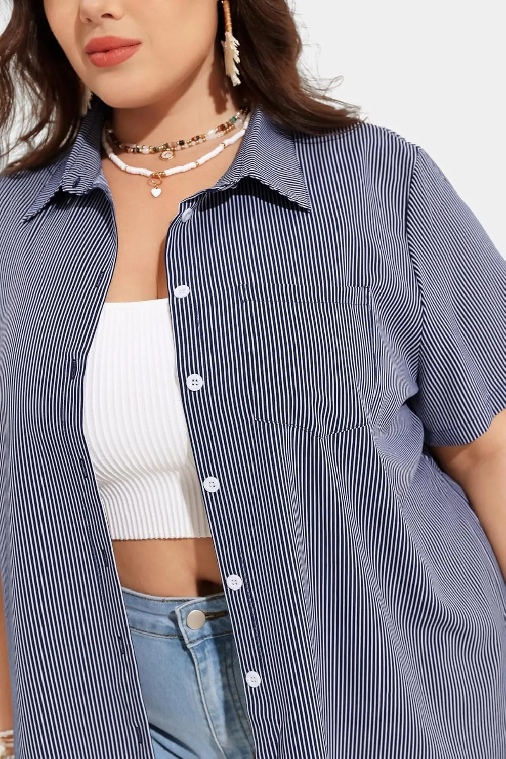 TIYOMI Plus Size Short Sleeve Button Down Shirts for Women Summer Tops Casual Blouses XL-5XL