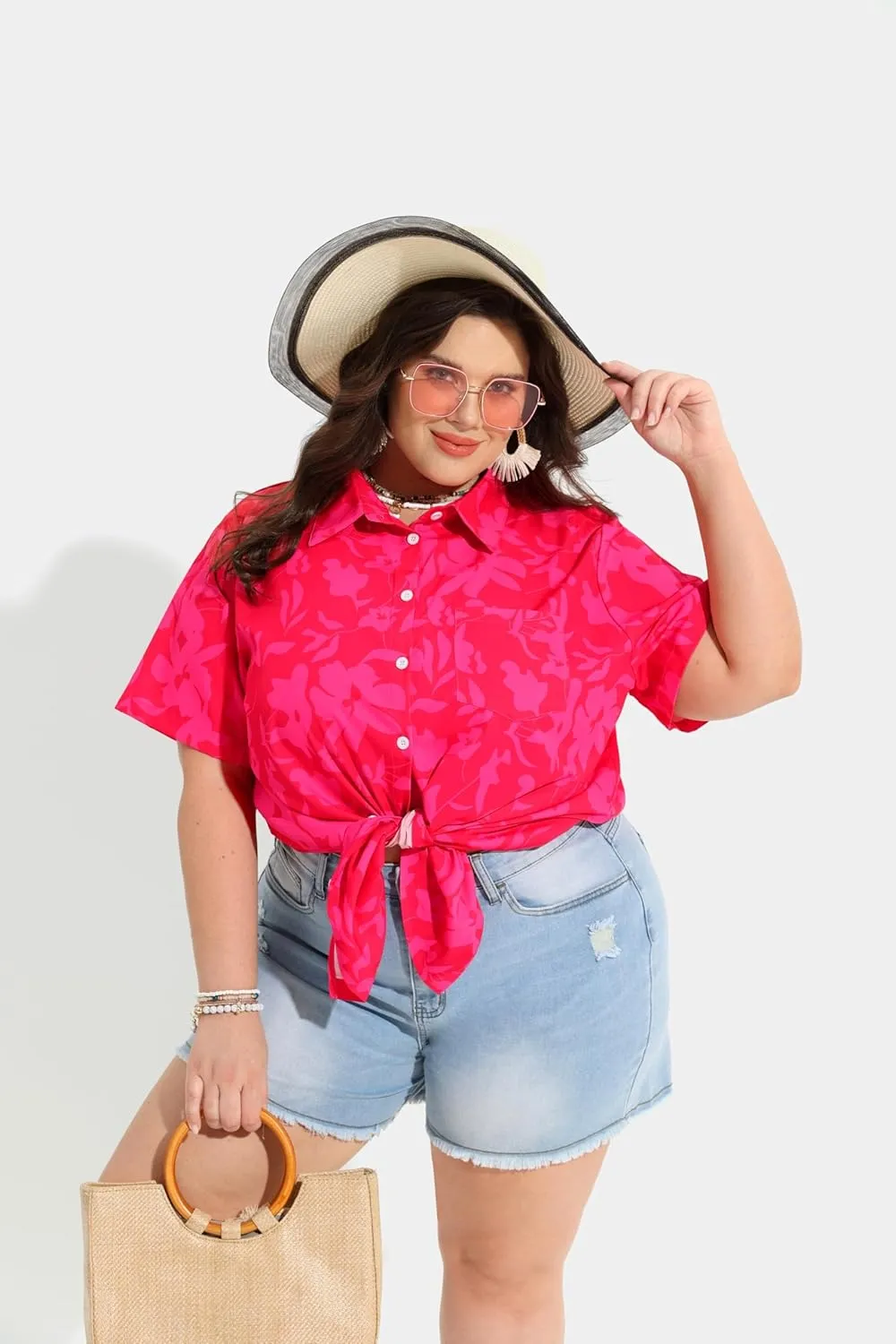 TIYOMI Plus Size Short Sleeve Button Down Shirts for Women Summer Tops Casual Blouses XL-5XL