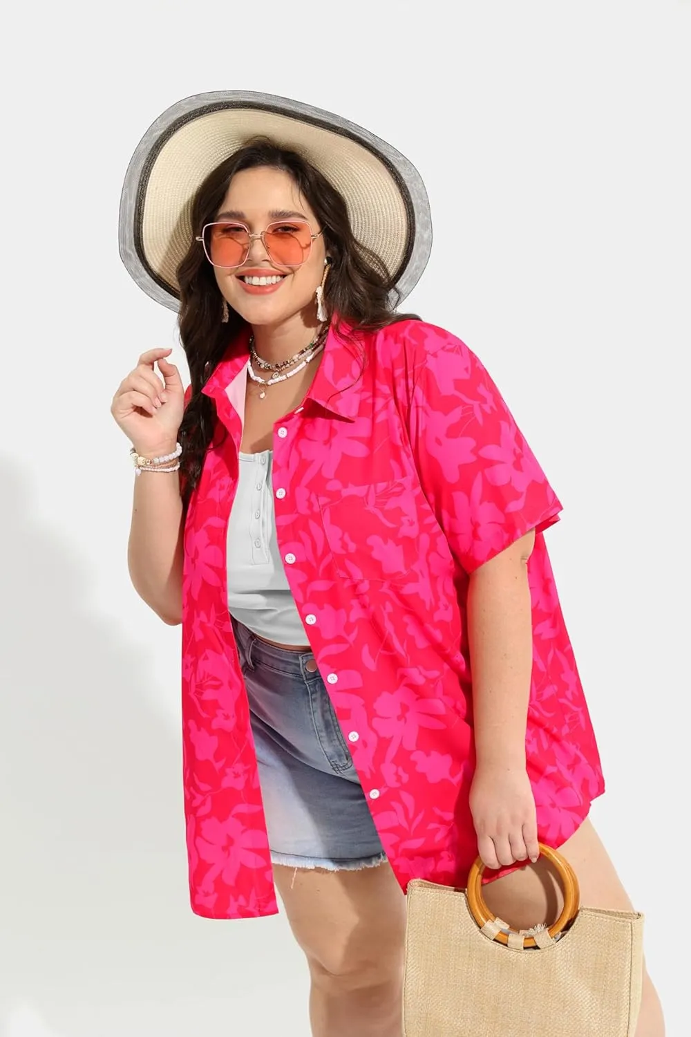 TIYOMI Plus Size Short Sleeve Button Down Shirts for Women Summer Tops Casual Blouses XL-5XL