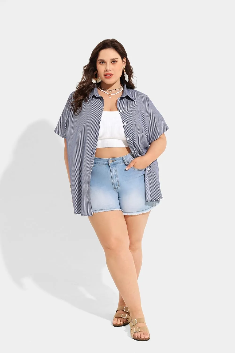 TIYOMI Plus Size Short Sleeve Button Down Shirts for Women Summer Tops Casual Blouses XL-5XL
