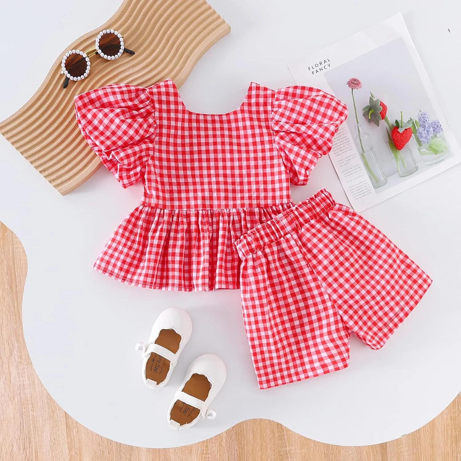 Toddler Girls Clothes Set Ruffle Sleeve Hem Top Cardigan Elastic Waist Shorts Plaid Printed Summer 2Pcs Outfits
