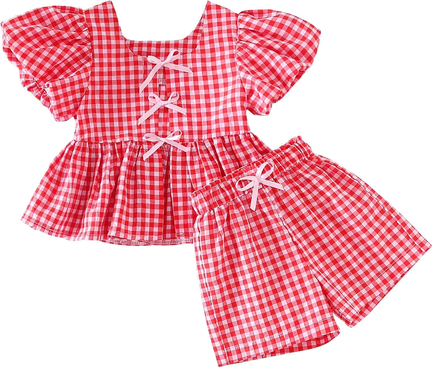 Toddler Girls Clothes Set Ruffle Sleeve Hem Top Cardigan Elastic Waist Shorts Plaid Printed Summer 2Pcs Outfits