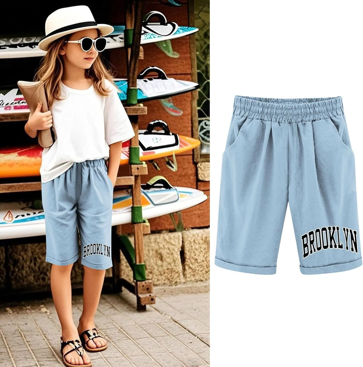 Toddler Girls Shorts Kids Letter Print High Waisted Drawstring Bermuda Shorts Knee Length Linen Summer 2025 Casual Short
