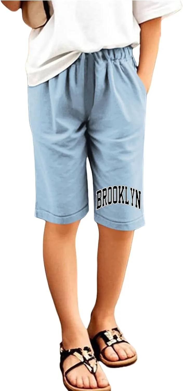 Toddler Girls Shorts Kids Letter Print High Waisted Drawstring Bermuda Shorts Knee Length Linen Summer 2025 Casual Short