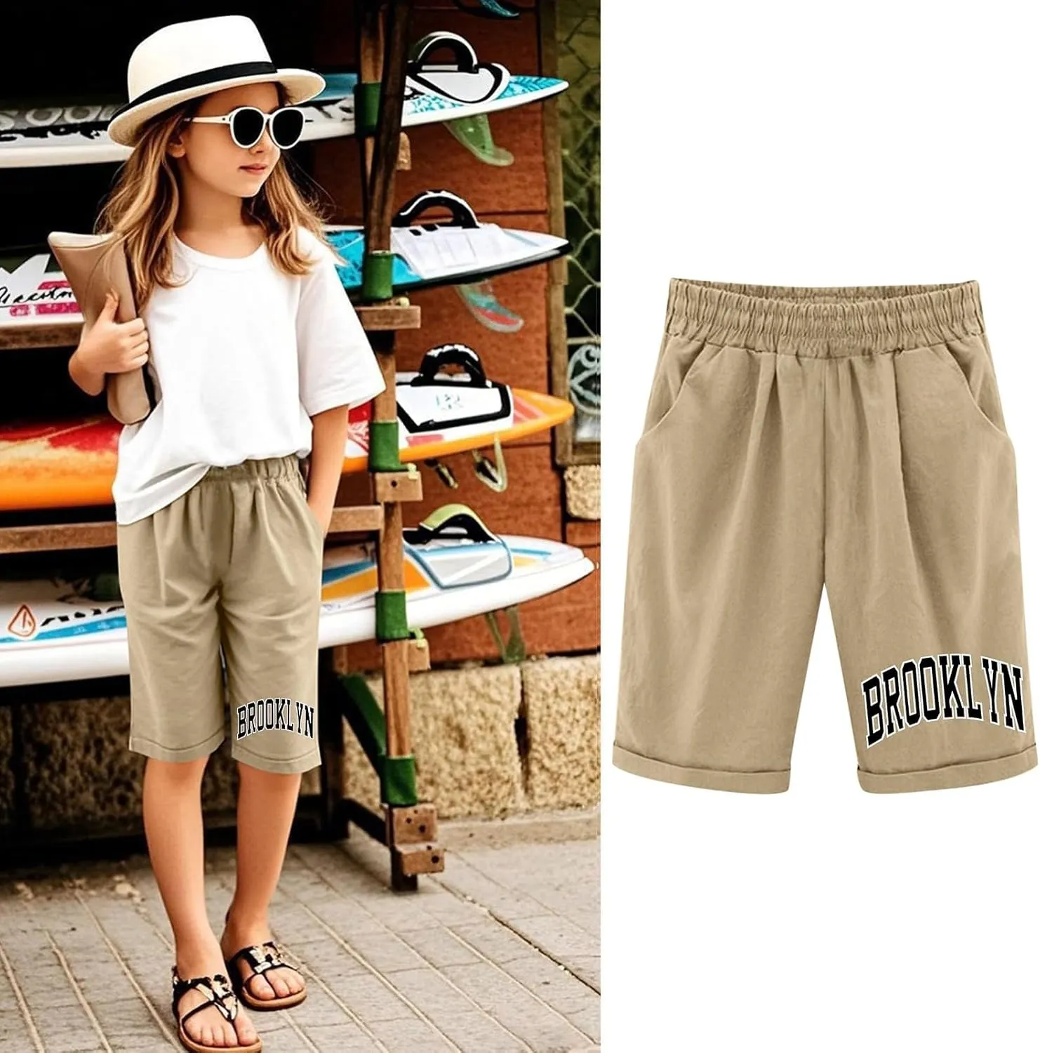 Toddler Girls Shorts Kids Letter Print High Waisted Drawstring Bermuda Shorts Knee Length Linen Summer 2025 Casual Short