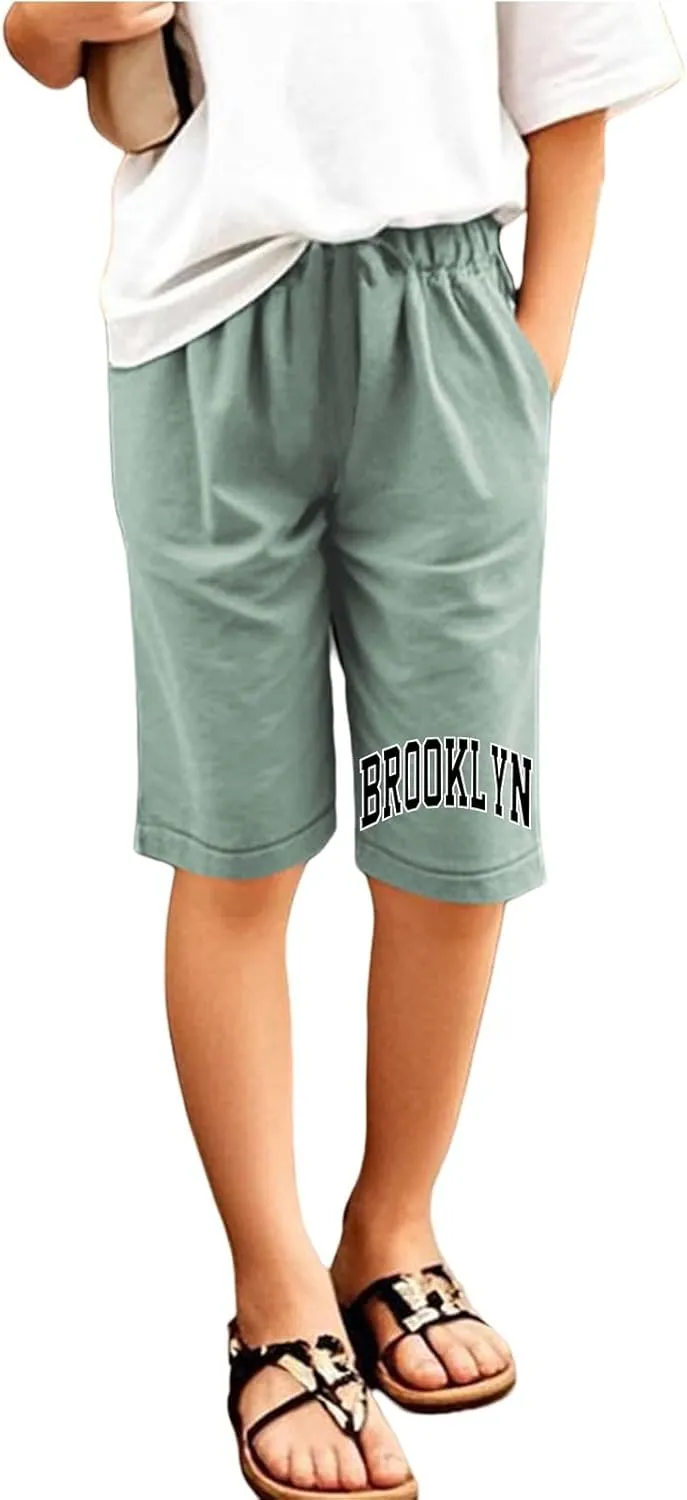 Toddler Girls Shorts Kids Letter Print High Waisted Drawstring Bermuda Shorts Knee Length Linen Summer 2025 Casual Short