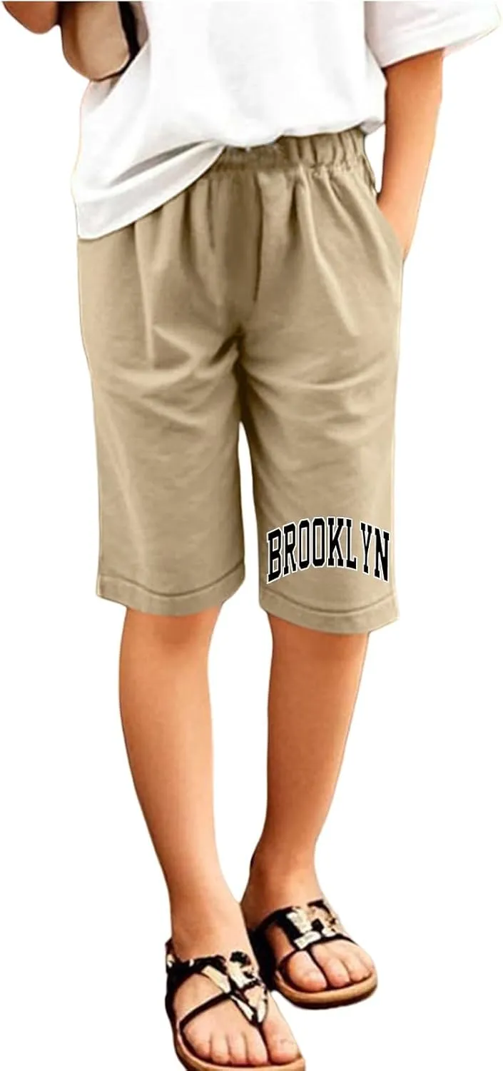 Toddler Girls Shorts Kids Letter Print High Waisted Drawstring Bermuda Shorts Knee Length Linen Summer 2025 Casual Short