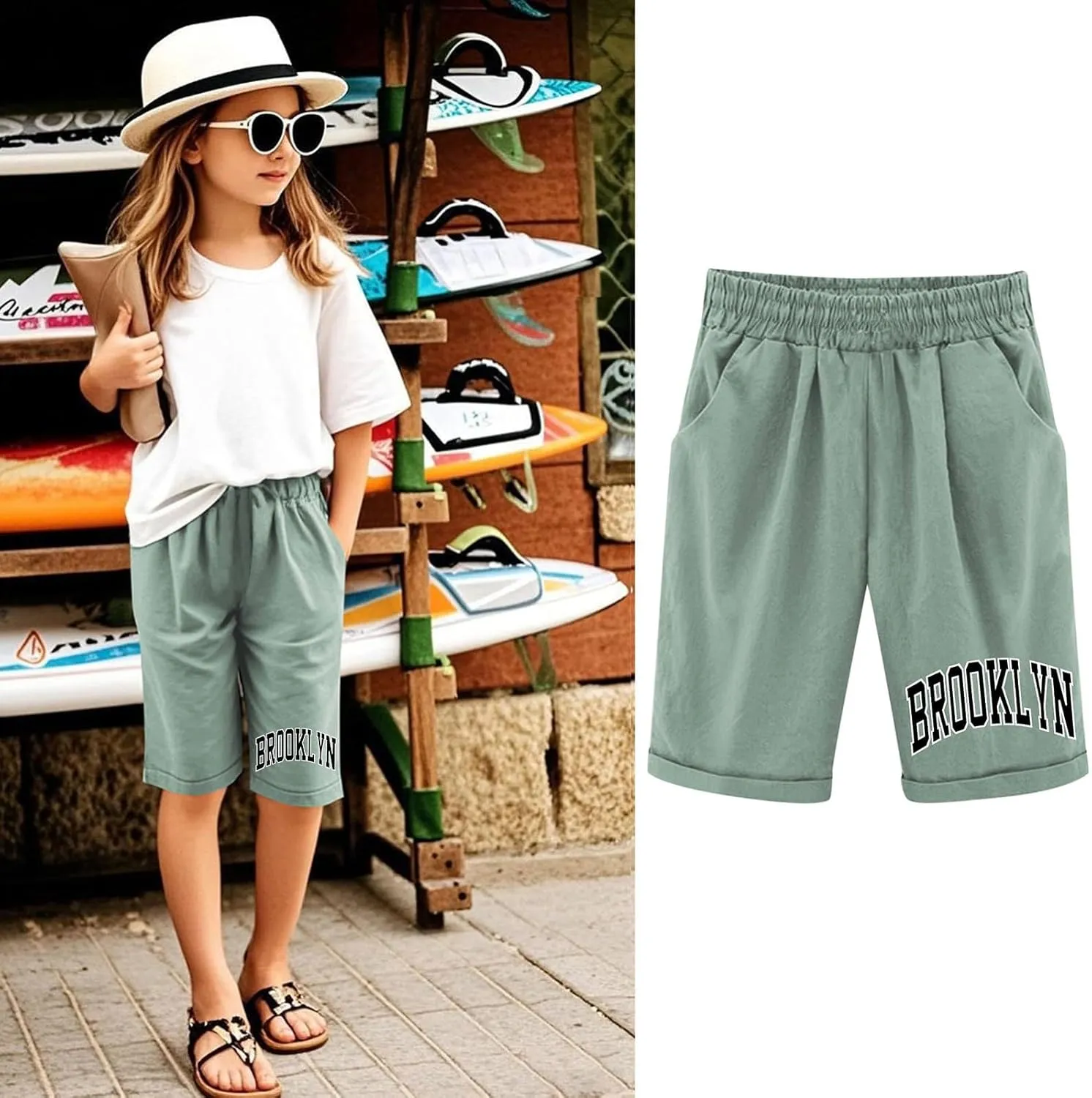 Toddler Girls Shorts Kids Letter Print High Waisted Drawstring Bermuda Shorts Knee Length Linen Summer 2025 Casual Short