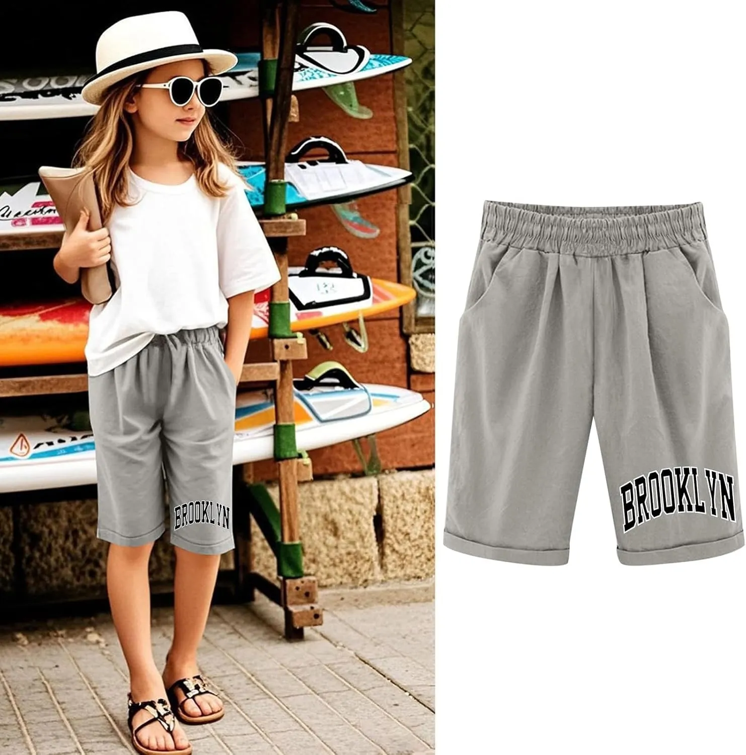 Toddler Girls Shorts Kids Letter Print High Waisted Drawstring Bermuda Shorts Knee Length Linen Summer 2025 Casual Short